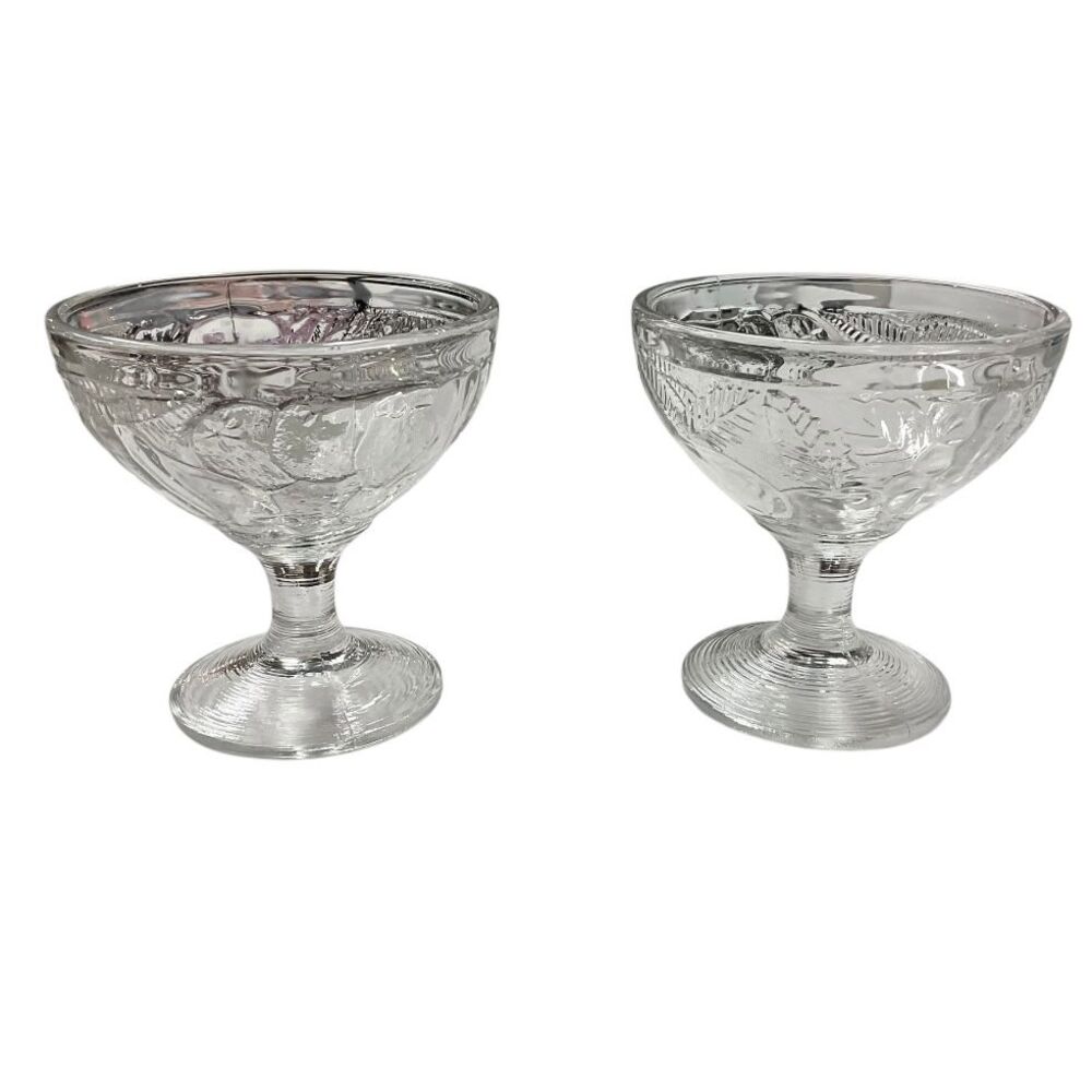 Vintage French France Glass Dessert Coupe Champagne Clear Floral Embossed Set 2